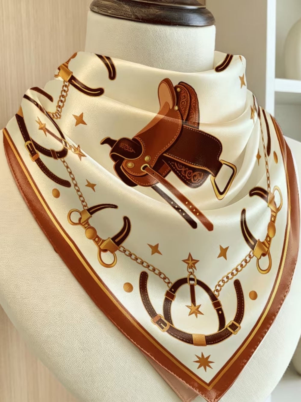 Luxury Brown Cream Western Saddle Print Scarf